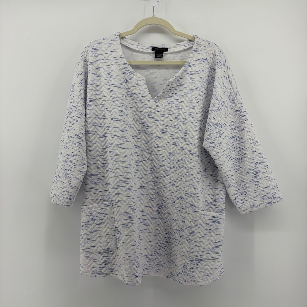 ROBERT LOUIS Womens XL Textured‎ V Neck 3/4 Sleeve Sweater Blue White Pockets